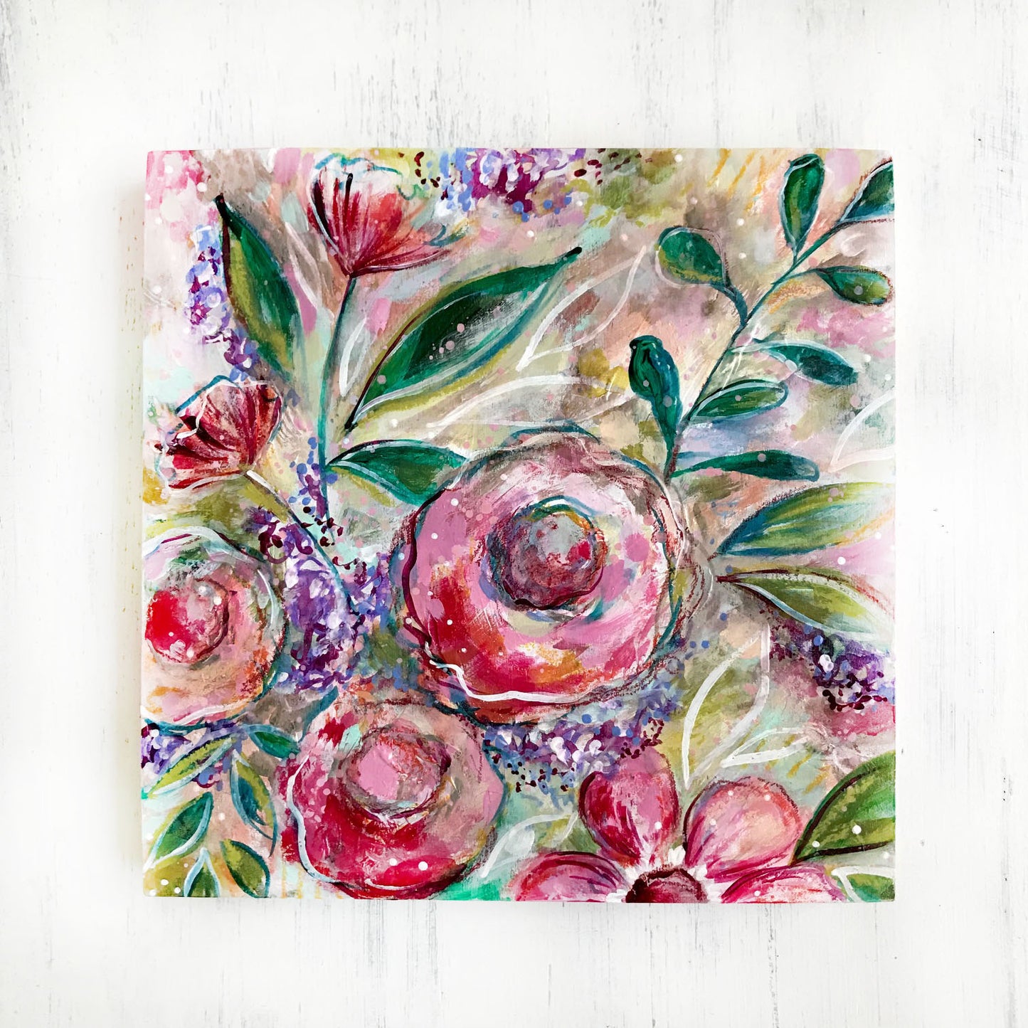 Hope Blooms Spring Floral Mixed Media Painting on 8x8 inch wood panel - Bethany Joy Art