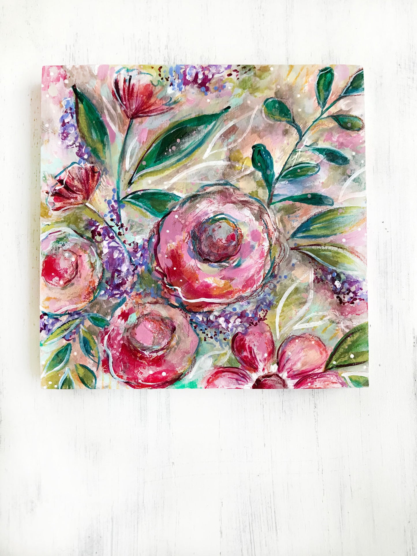 Hope Blooms Spring Floral Mixed Media Painting on 8x8 inch wood panel - Bethany Joy Art