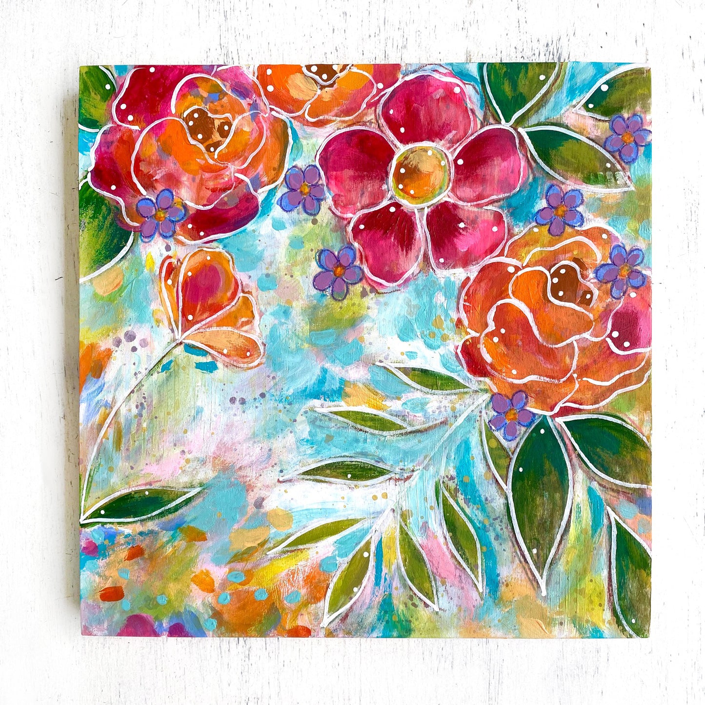 "Always Welcome at Home" Floral Original Painting on 8x8 inch Wood Panel - Bethany Joy Art