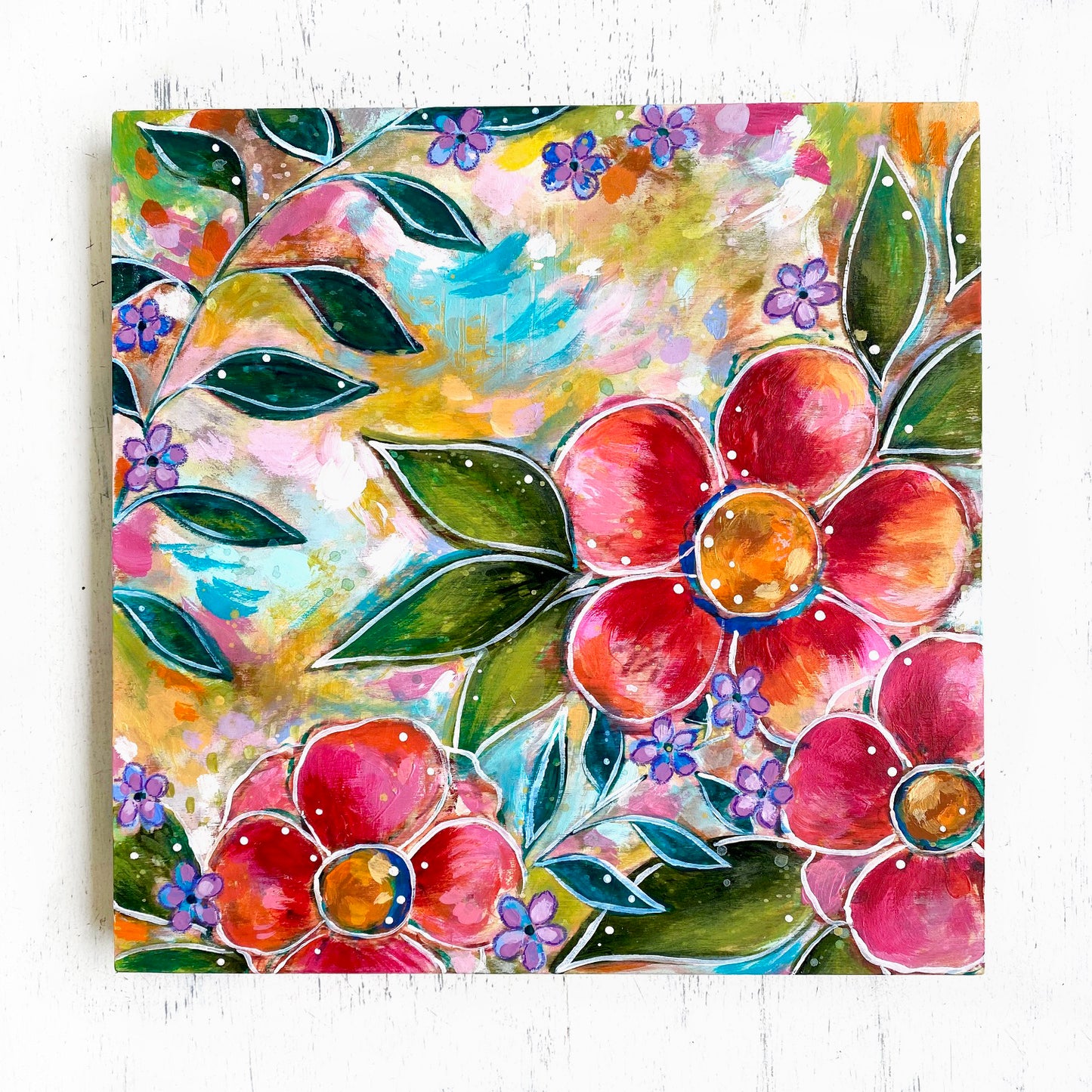 "Bless this Home" Floral Original Painting on 8x8 inch Wood Panel - Bethany Joy Art
