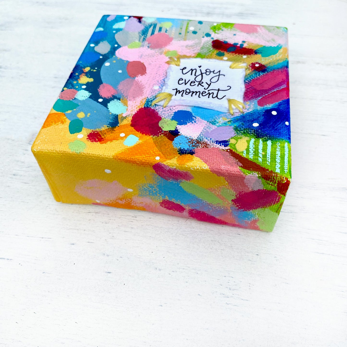 Enjoy Every Moment 4x4 inch original abstract canvas with embroidery thread accents - Bethany Joy Art