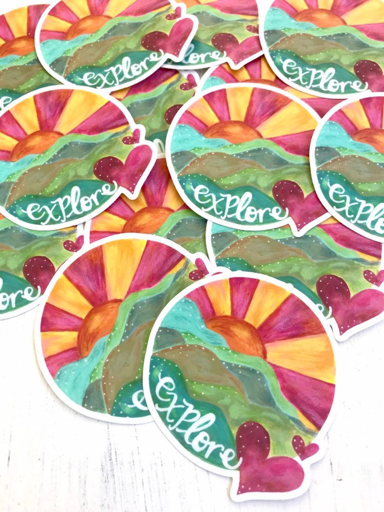 Explore Sticker / Mountains Sticker / Water Bottle Sticker / Bumper Sticker / Laptop Sticker / Adventure Art - Bethany Joy Art