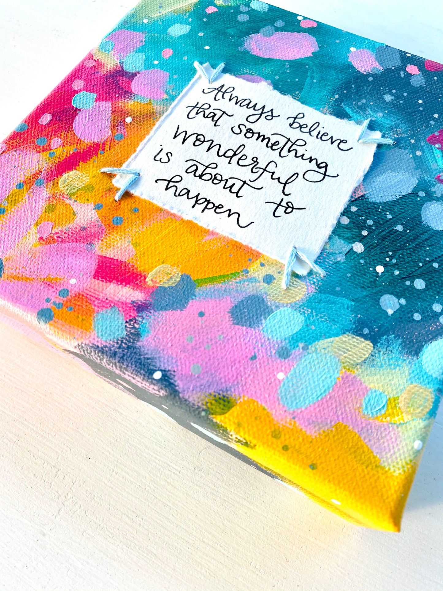 Something Wonderful 6x6 inch original abstract canvas with embroidery thread accents