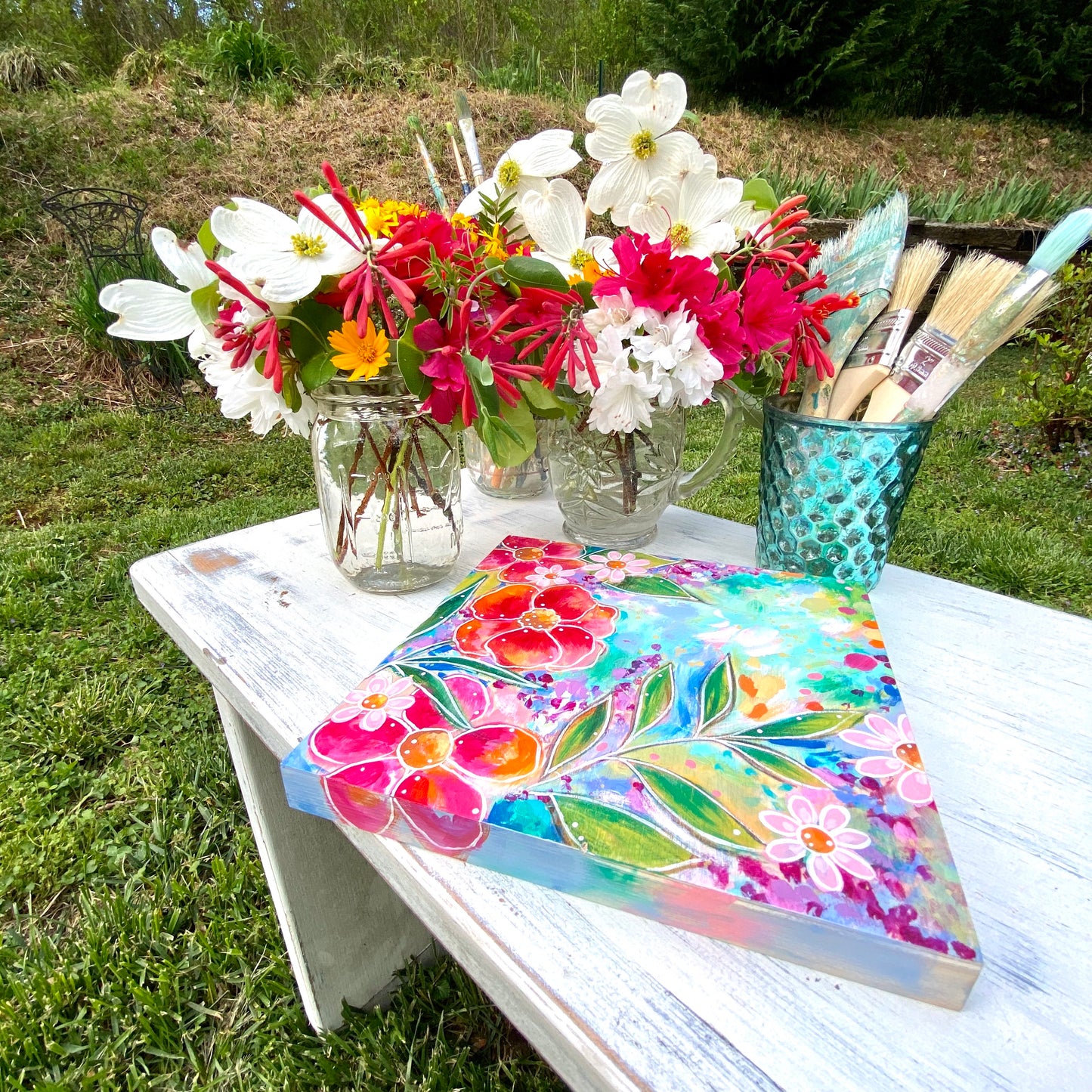 "Home is my Happy Place" Floral Original Painting on 8x8 inch Wood Panel - Bethany Joy Art