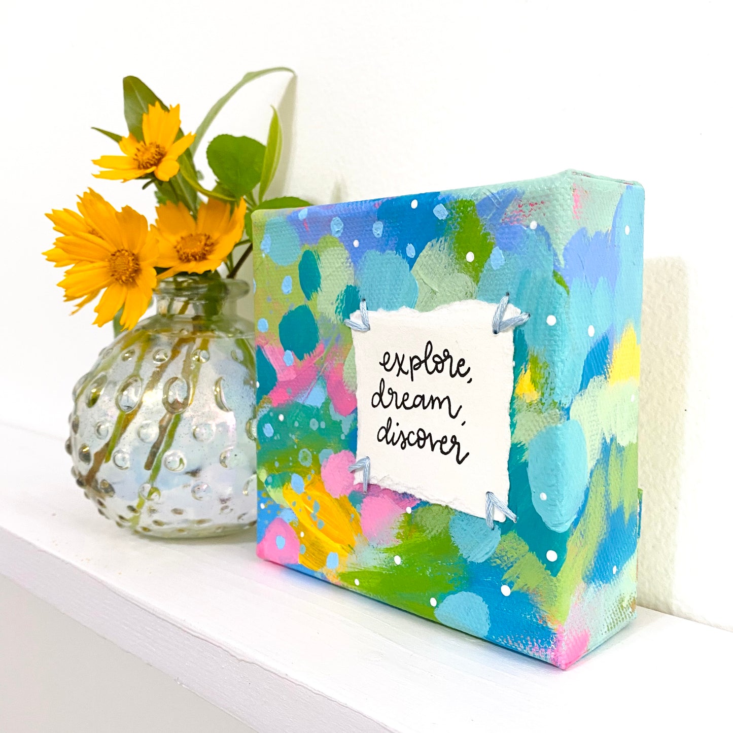 Explore, Dream, Discover 4x4 inch original abstract canvas with embroidery thread accents