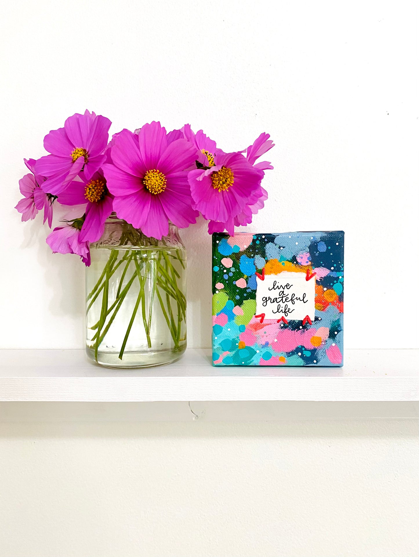 Live a Grateful Life 4x4 inch original abstract canvas with embroidery thread accents