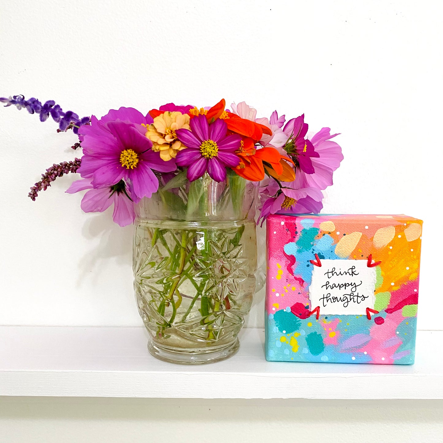 Think Happy Thoughts 4x4 inch original abstract canvas with embroidery thread accents