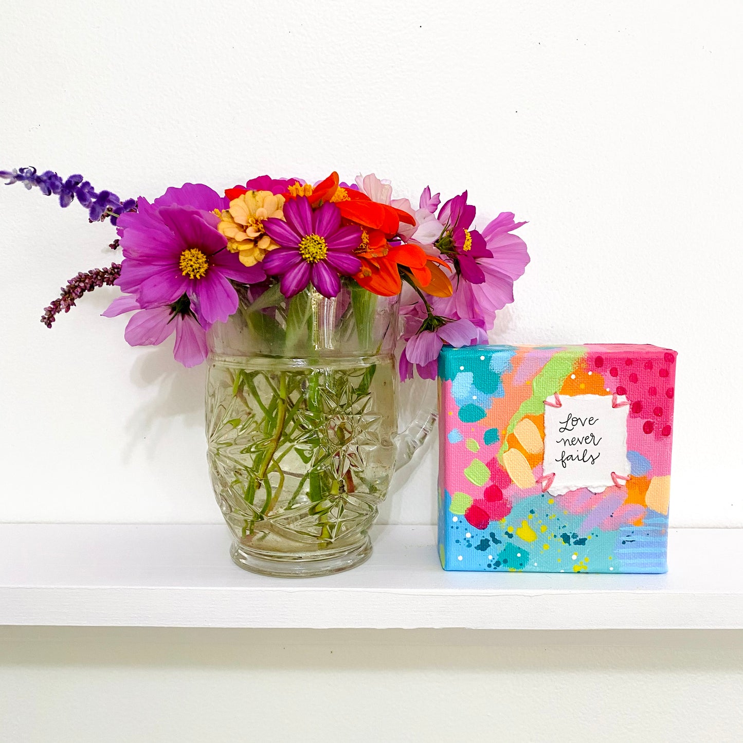 Love Never Fails 4x4 inch original abstract canvas with embroidery thread accents