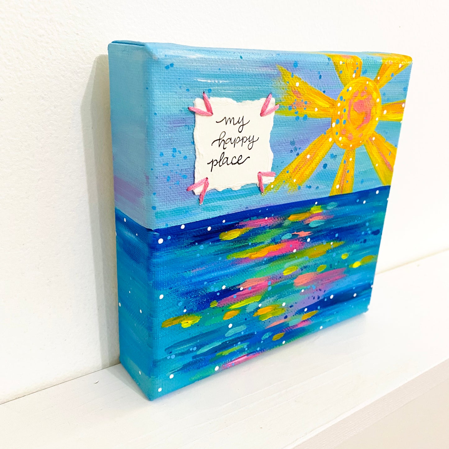 "My Happy Place" 6x6 inch Original Coastal Inspired Painting on Canvas with painted sides