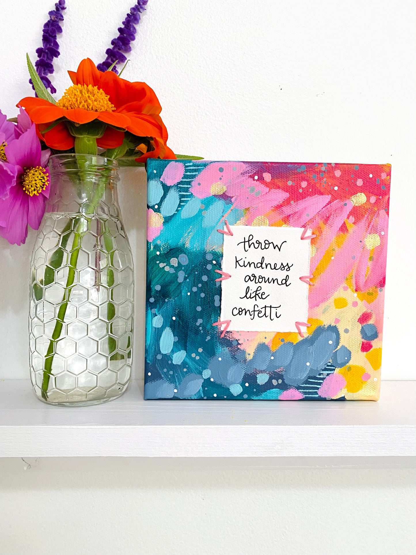 Confetti Kindness 6x6 inch original abstract canvas with embroidery thread accents