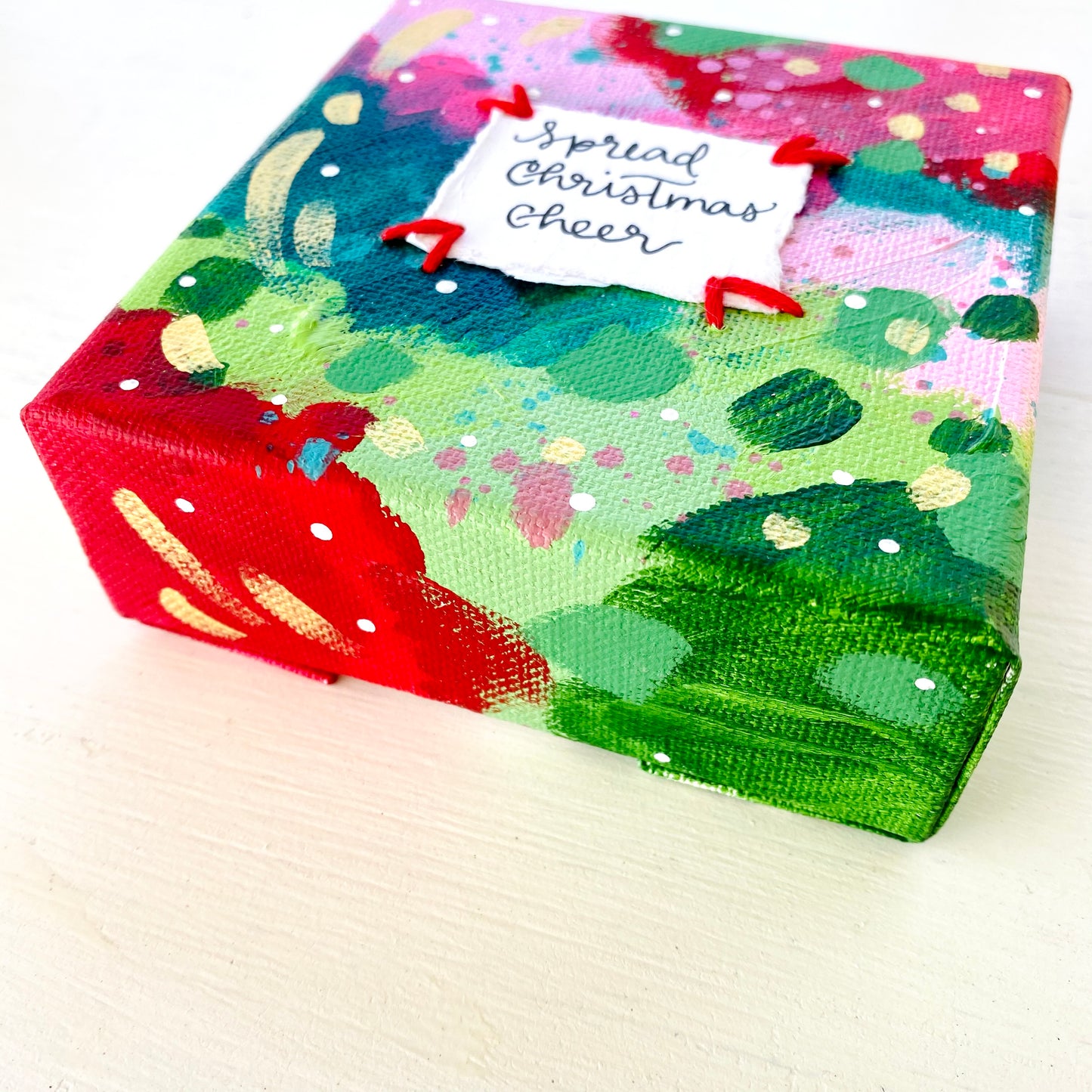 Spread Christmas Cheer 4x4 inch original abstract canvas with embroidery thread accents