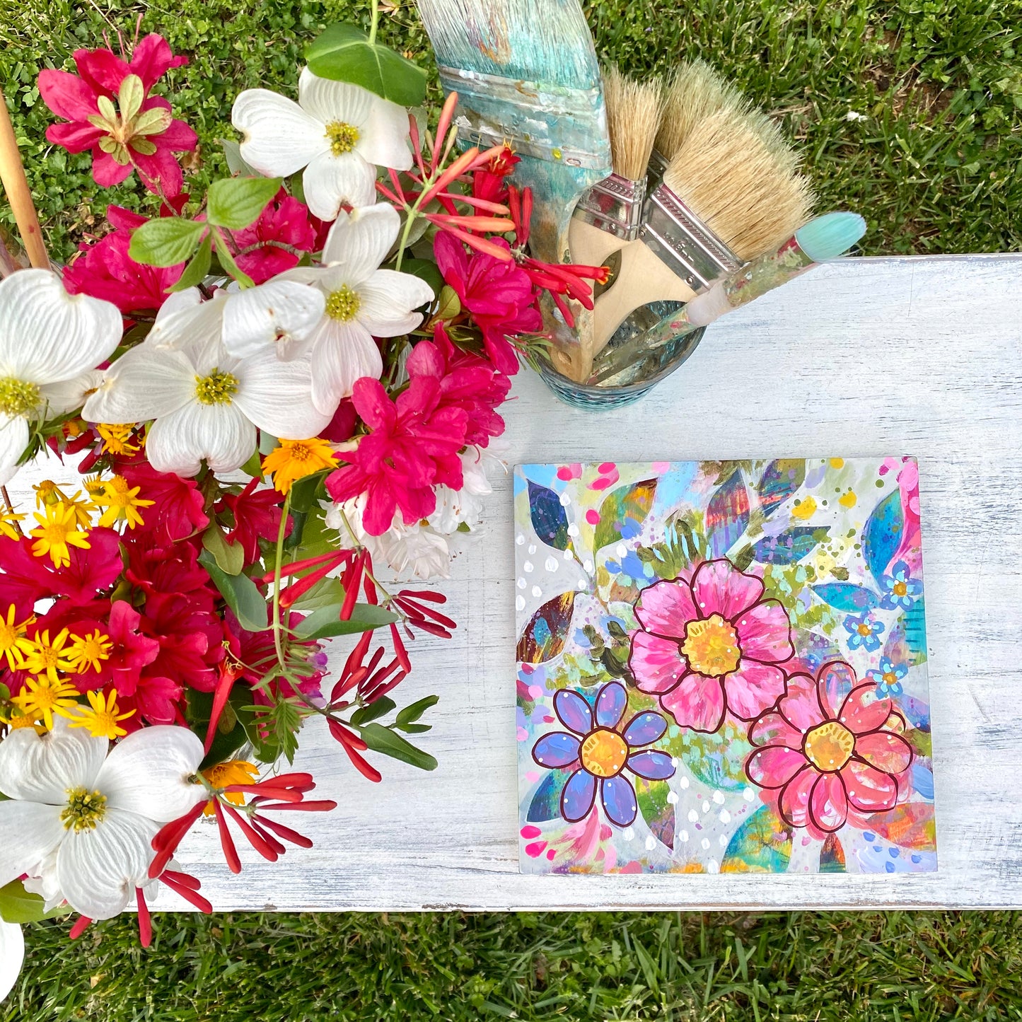 "Our Story Begins at Home" Floral Original Painting on 8x8 inch Wood Panel - Bethany Joy Art