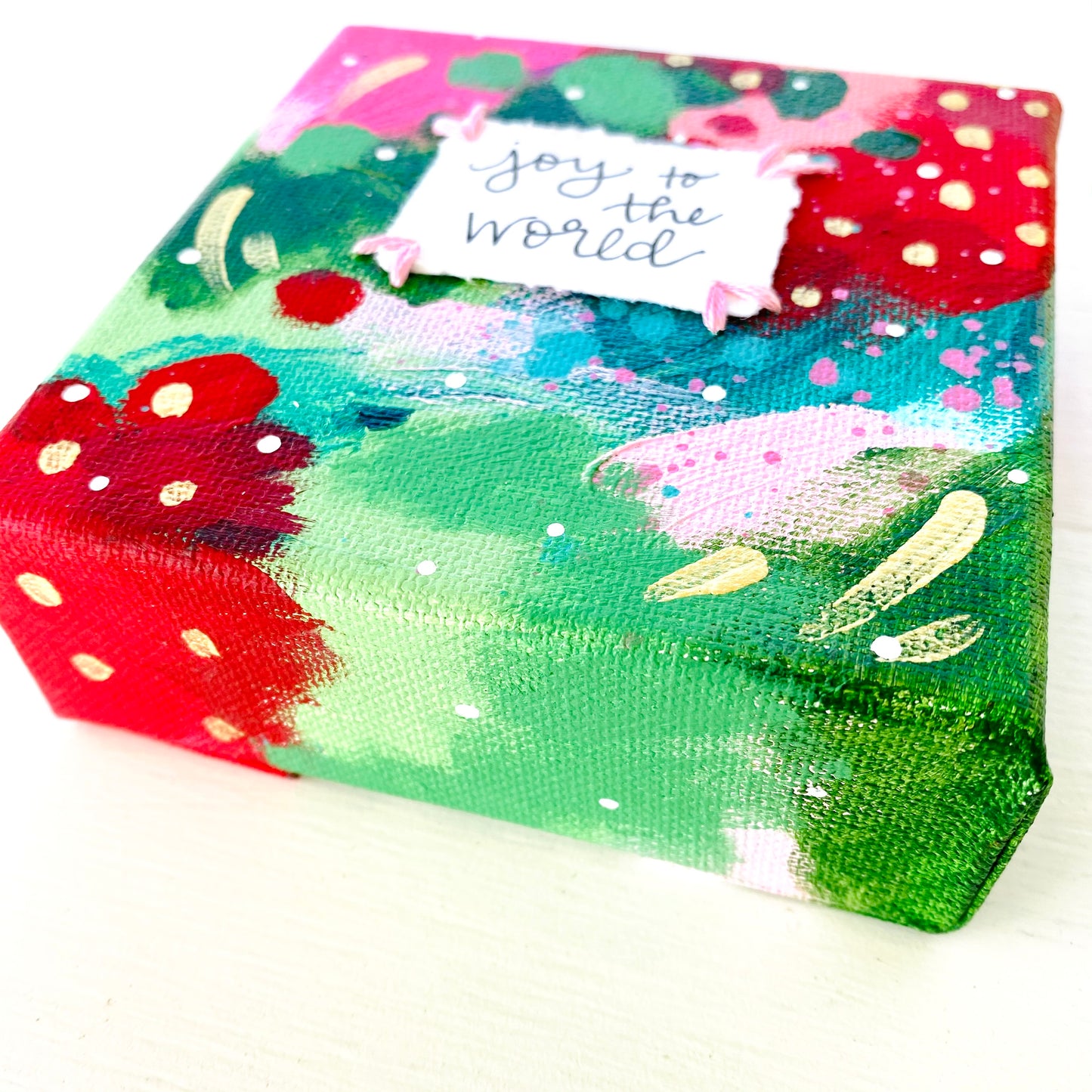 Joy to the World-2 4x4 inch original abstract canvas with embroidery thread accents