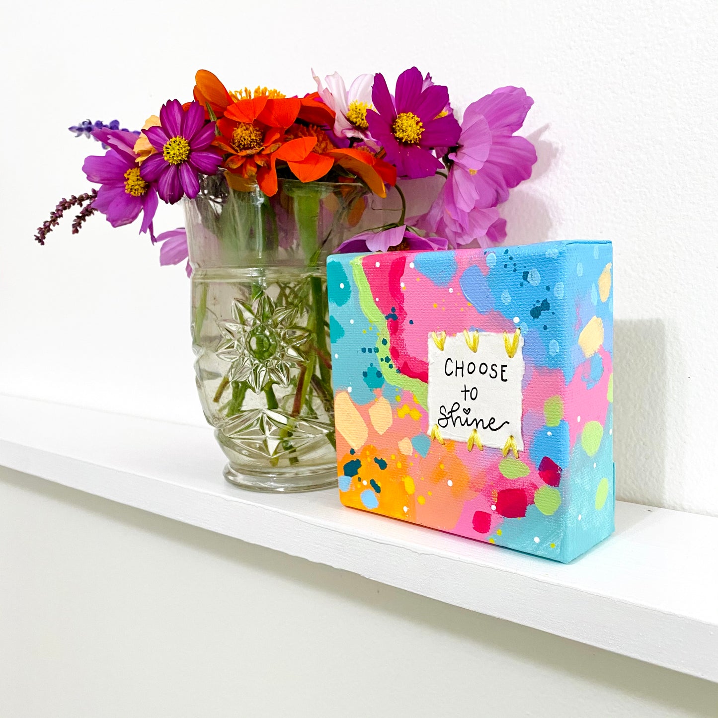 Choose to Shine 4x4 inch original abstract canvas with embroidery thread accents
