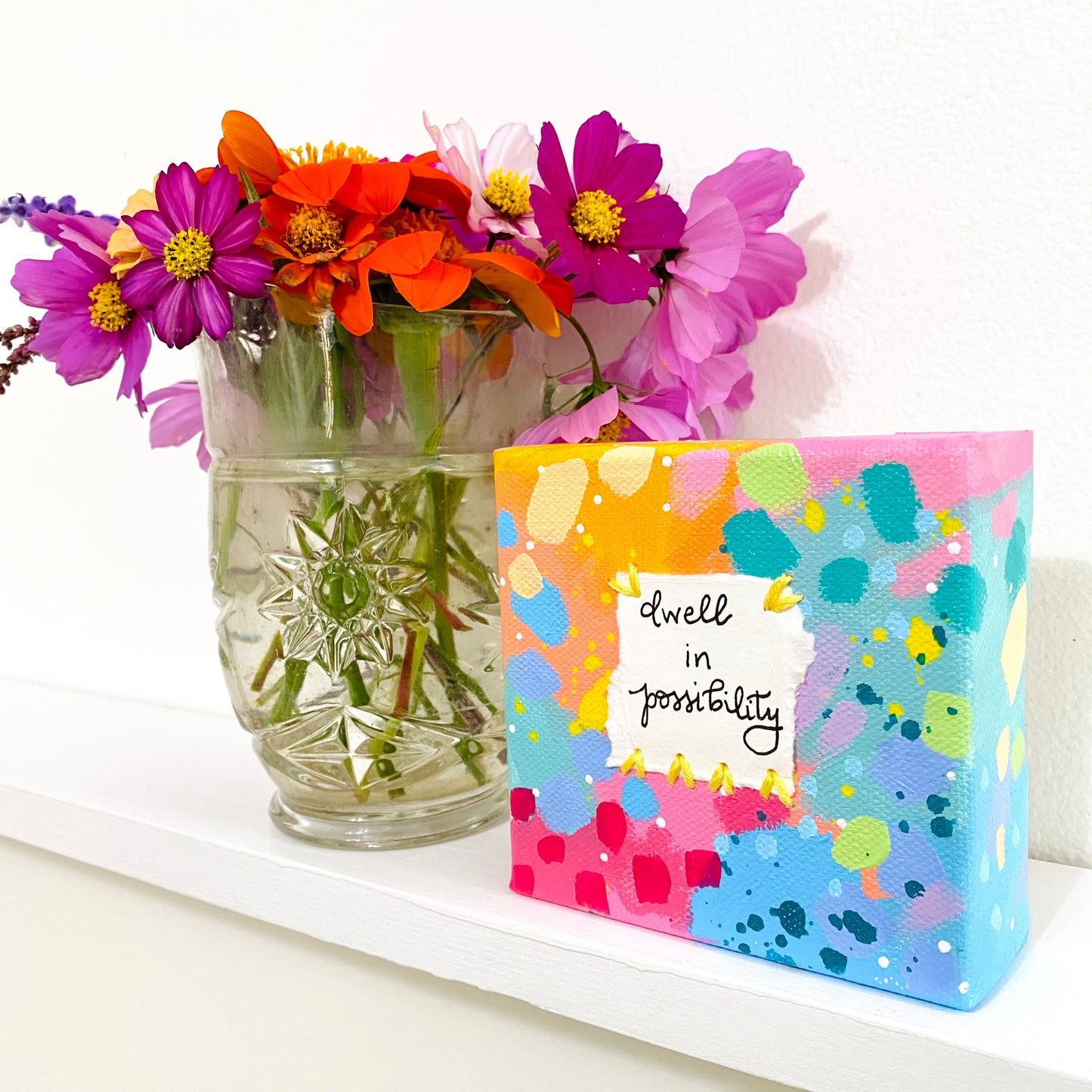 Dwell in Possibility 4x4 inch original abstract canvas with embroidery thread accents