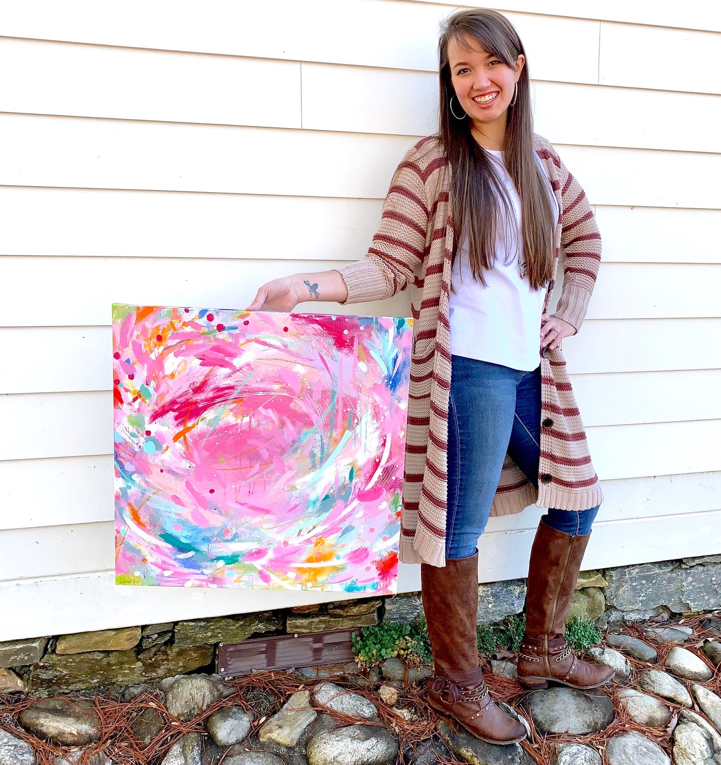 "Pink Starburst" Abstract Original Painting on 24x24 inch Canvas / Colorful Original Art - Bethany Joy Art