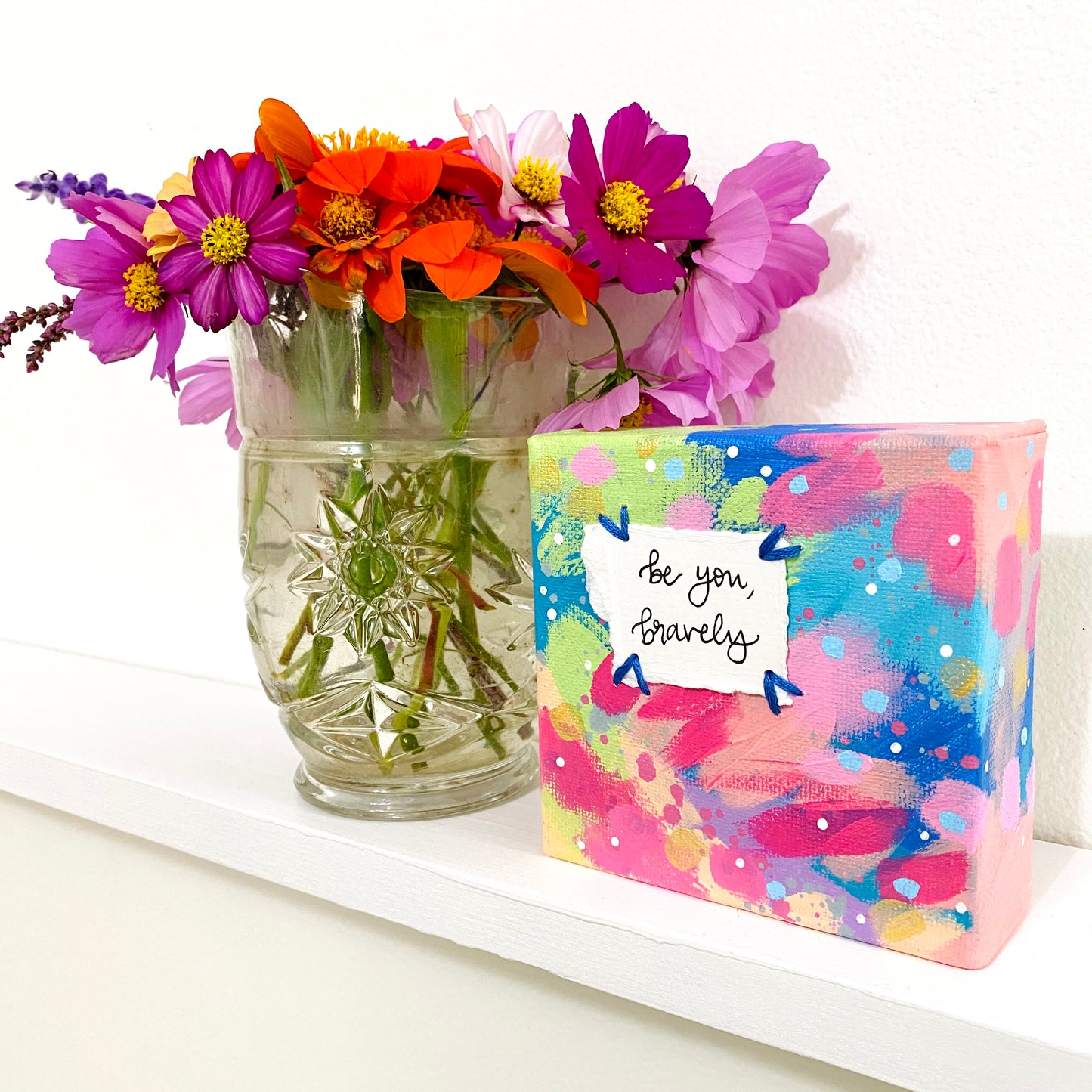 Be You, Bravely 4x4 inch original abstract canvas with embroidery thread accents