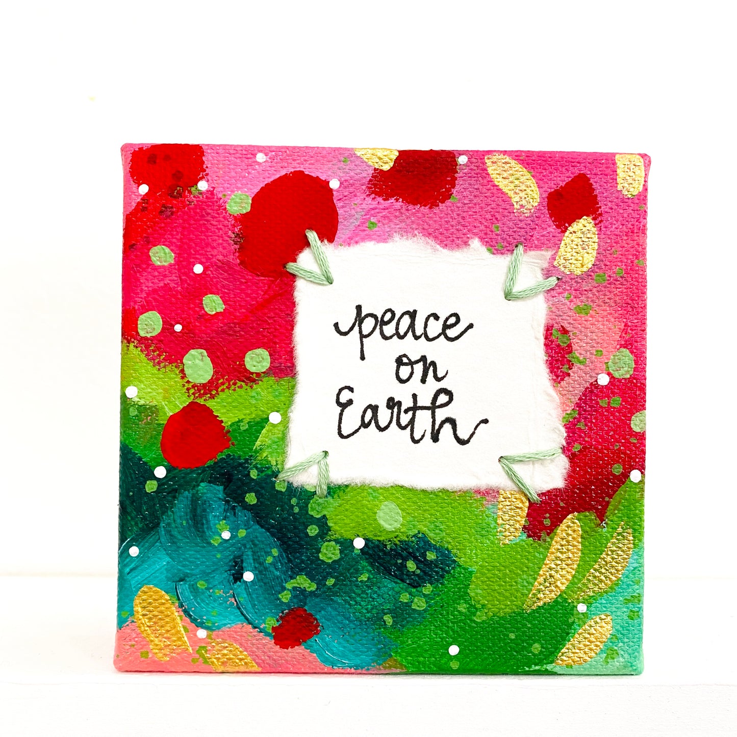 Peace on Earth 4x4 inch original abstract canvas with embroidery thread accents