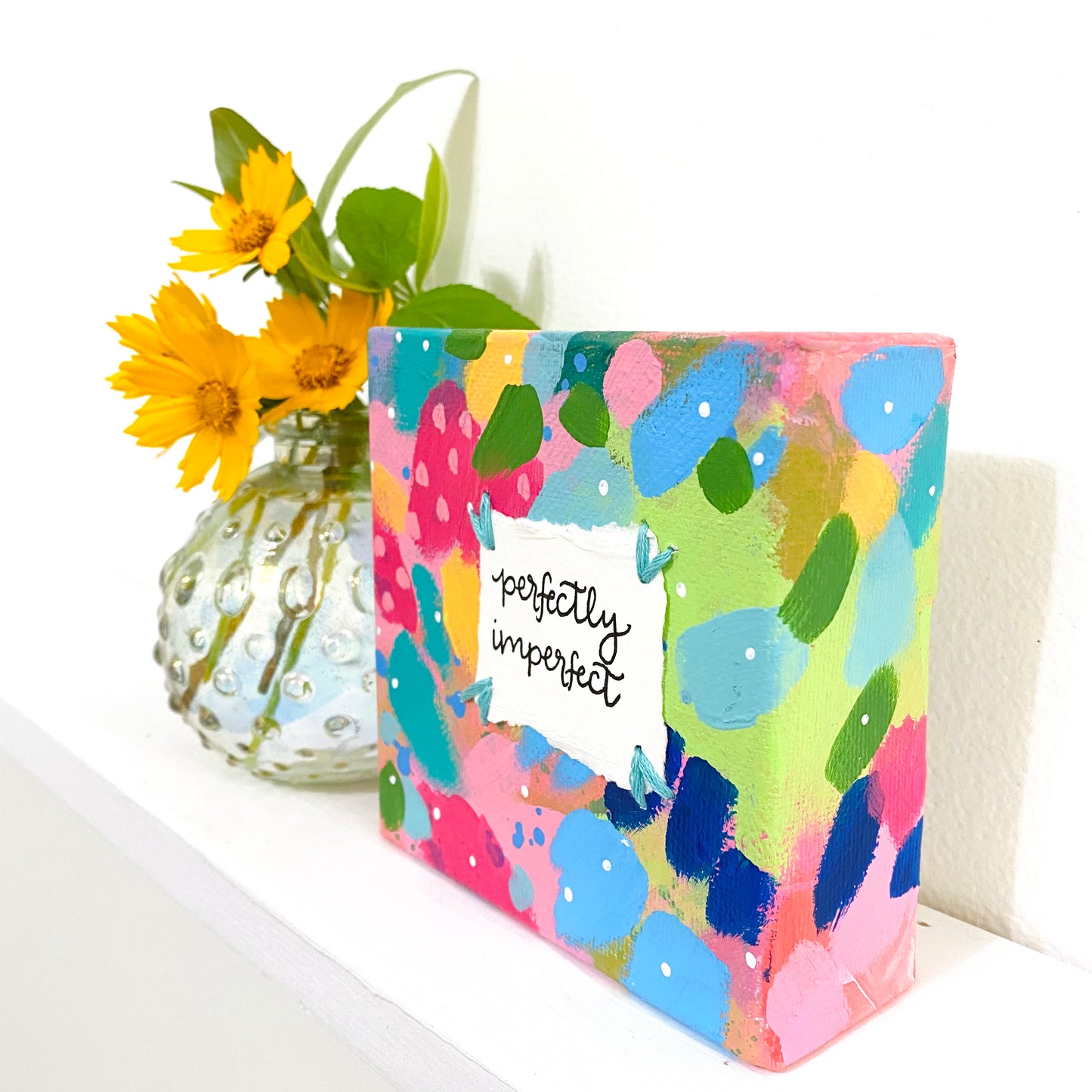 Perfectly Imperfect 4x4 inch original abstract canvas with embroidery thread accents