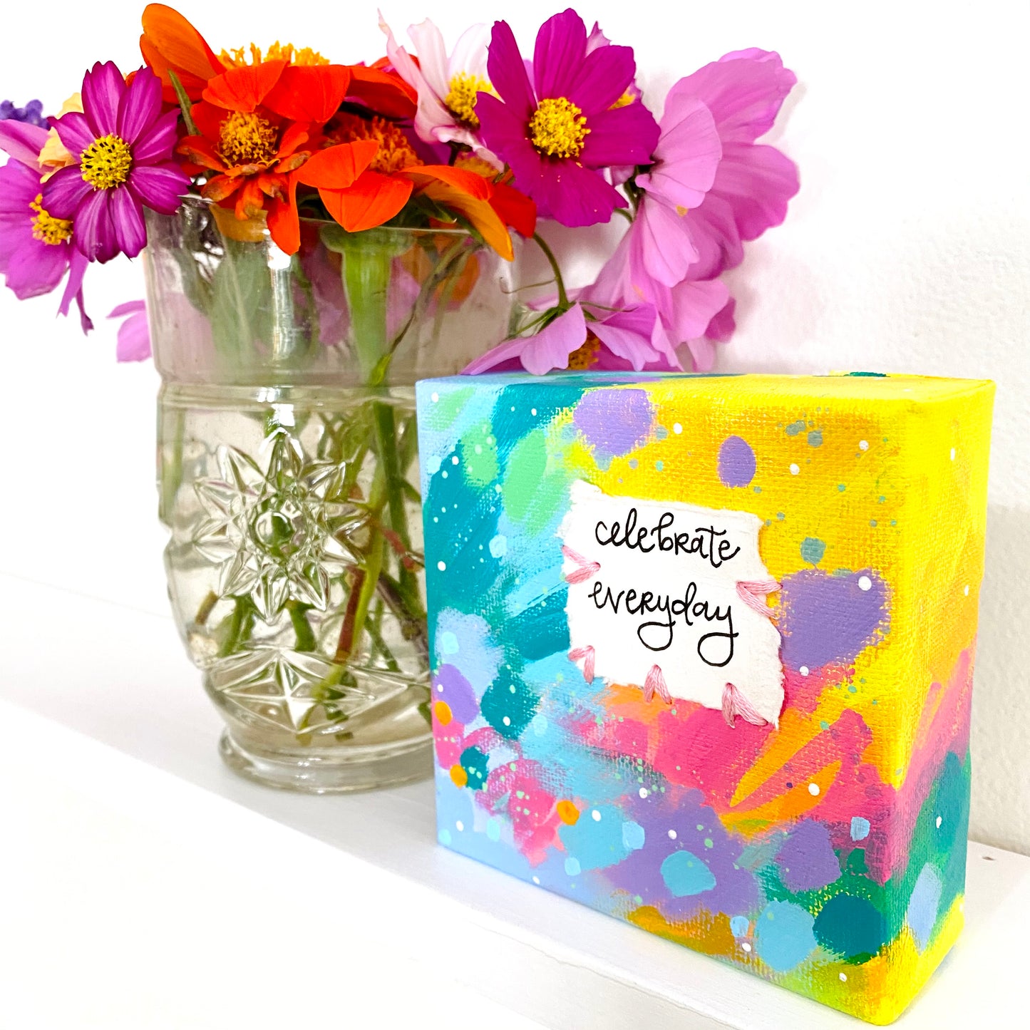 Celebrate Everyday 4x4 inch original abstract canvas with embroidery thread accents
