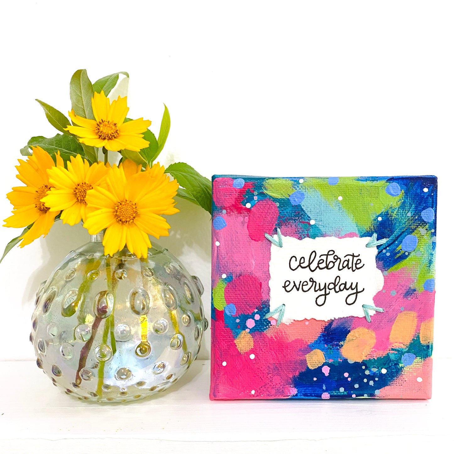 Celebrate Everyday 4x4 inch original abstract canvas with embroidery thread accents