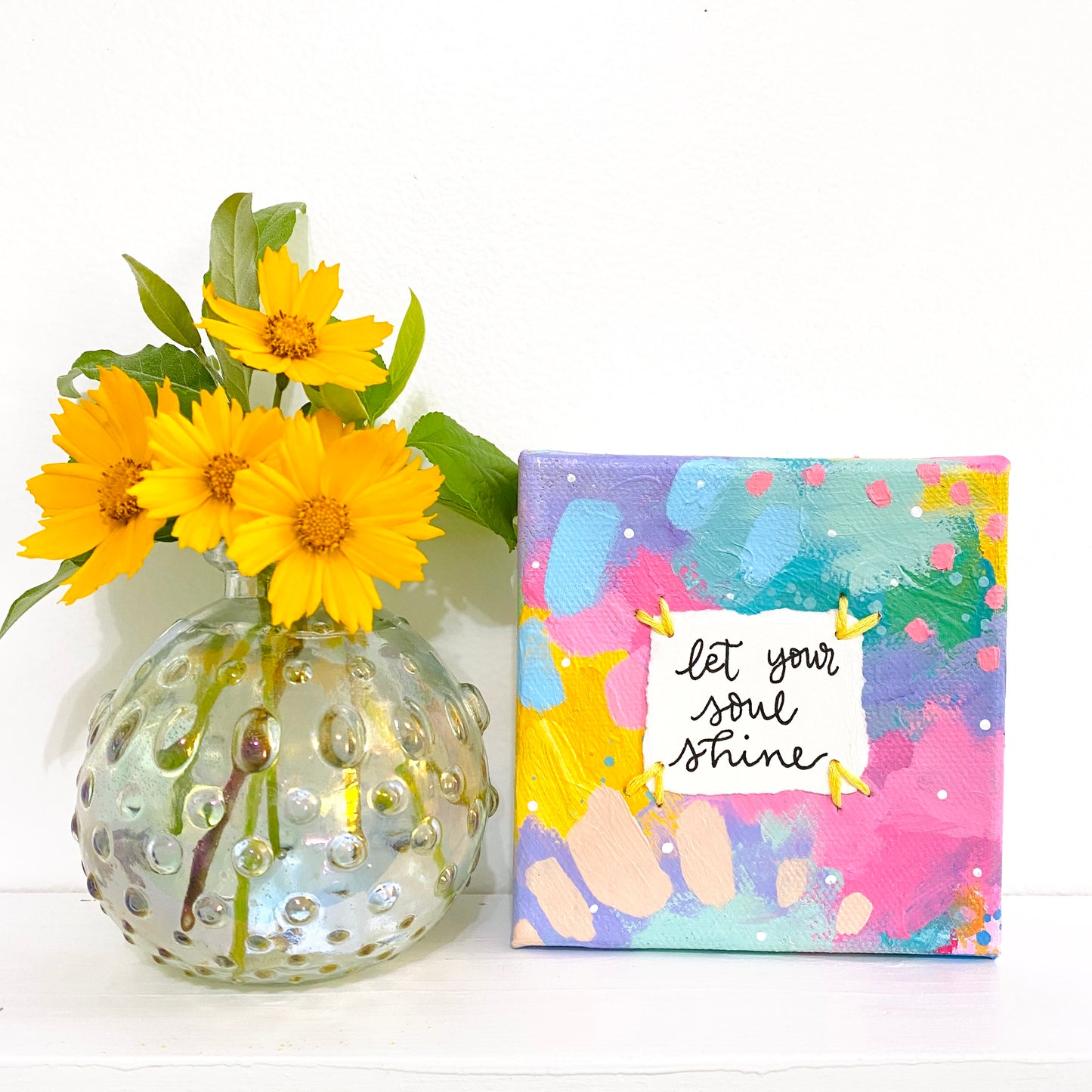 Let your Soul Shine 4x4 inch original abstract canvas with embroidery thread accents