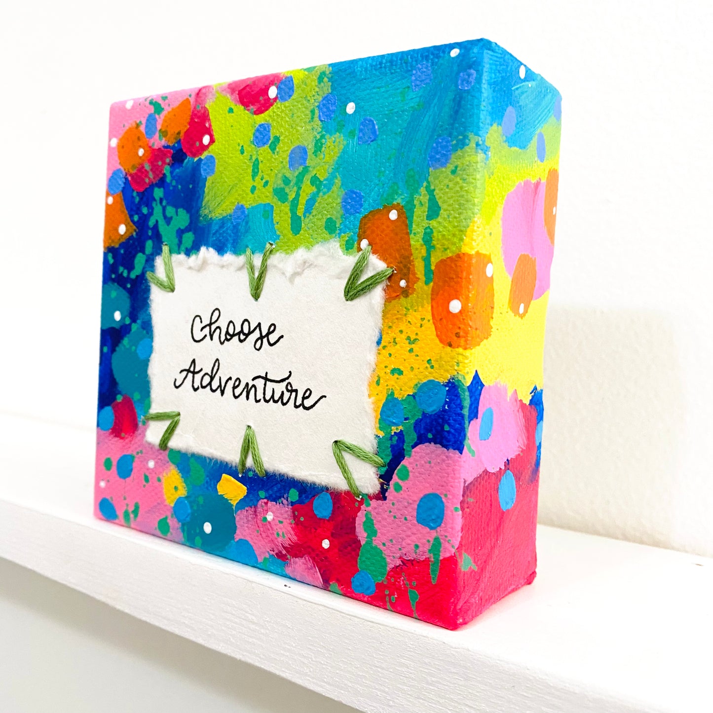 Choose Adventure 4x4 inch original abstract canvas with embroidery thread accents