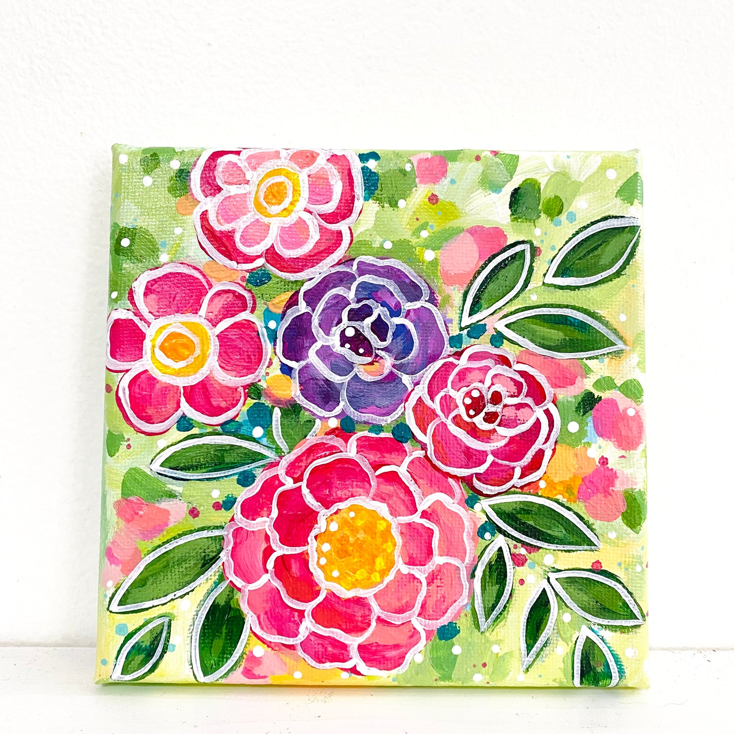 "Joy Blooms Here" 5x5 inch original painting on canvas