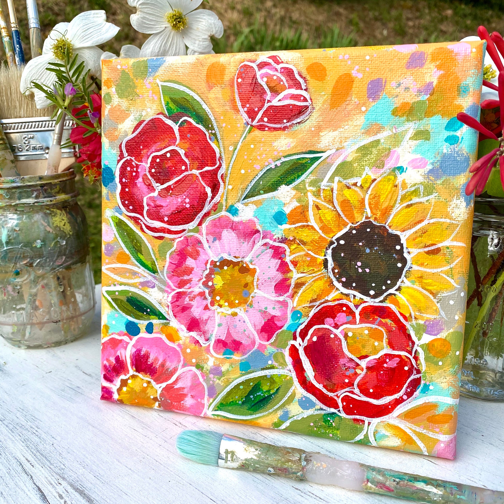"No Place Like Home" Floral Original Painting on 8x8 inch Canvas - Bethany Joy Art