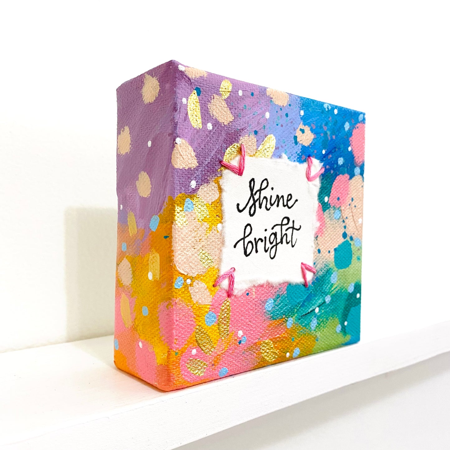 Shine Bright 4x4 inch original abstract canvas with embroidery thread accents