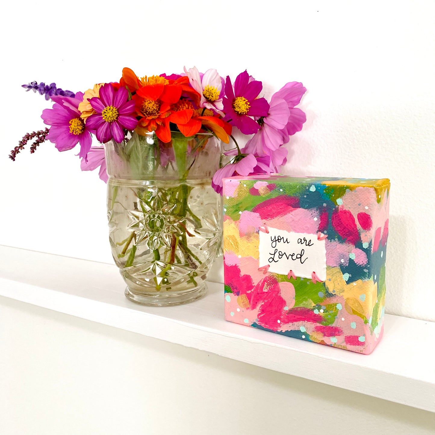 You Are Loved 4x4 inch original abstract canvas with embroidery thread accents
