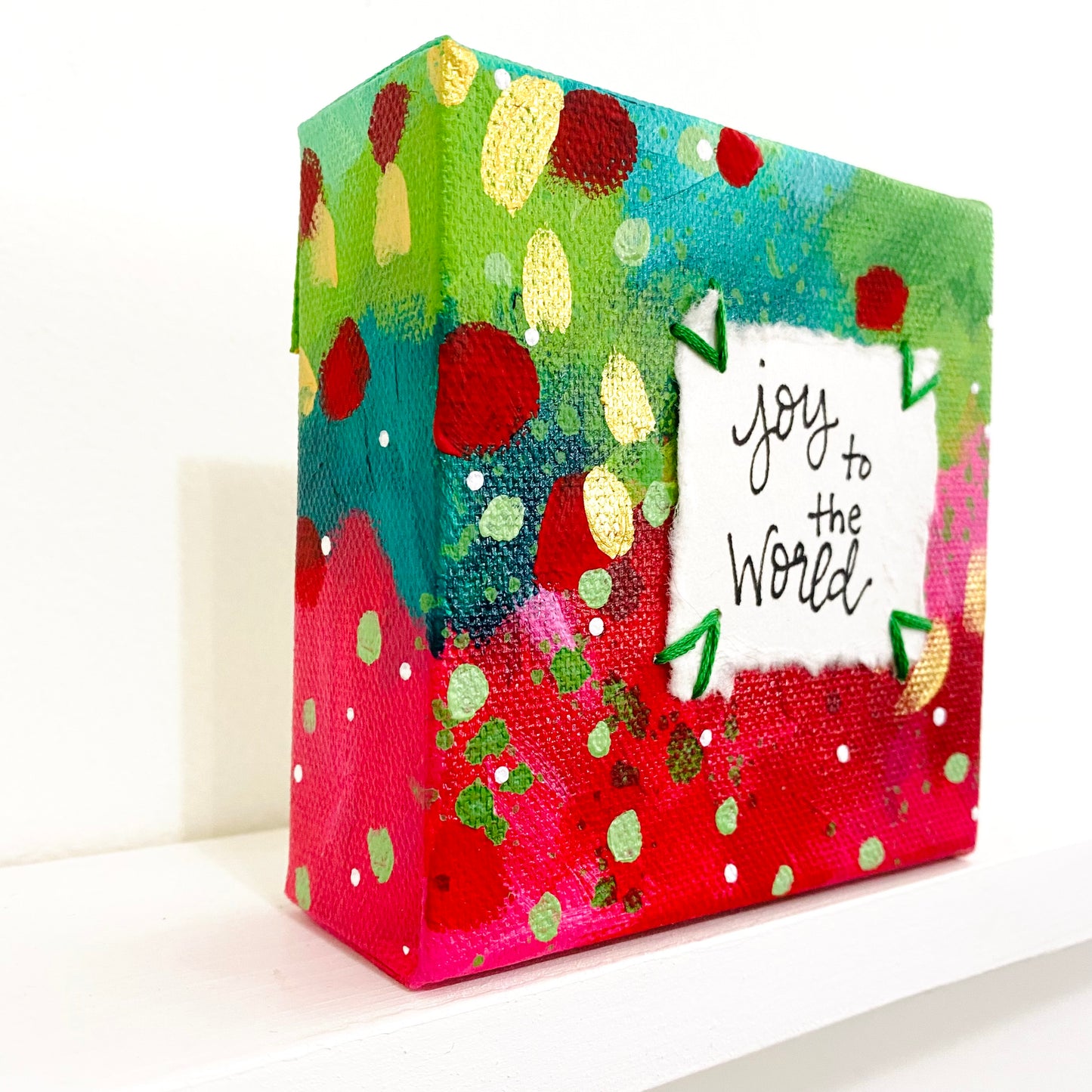 Joy to the World #1 4x4 inch original abstract canvas with embroidery thread accents