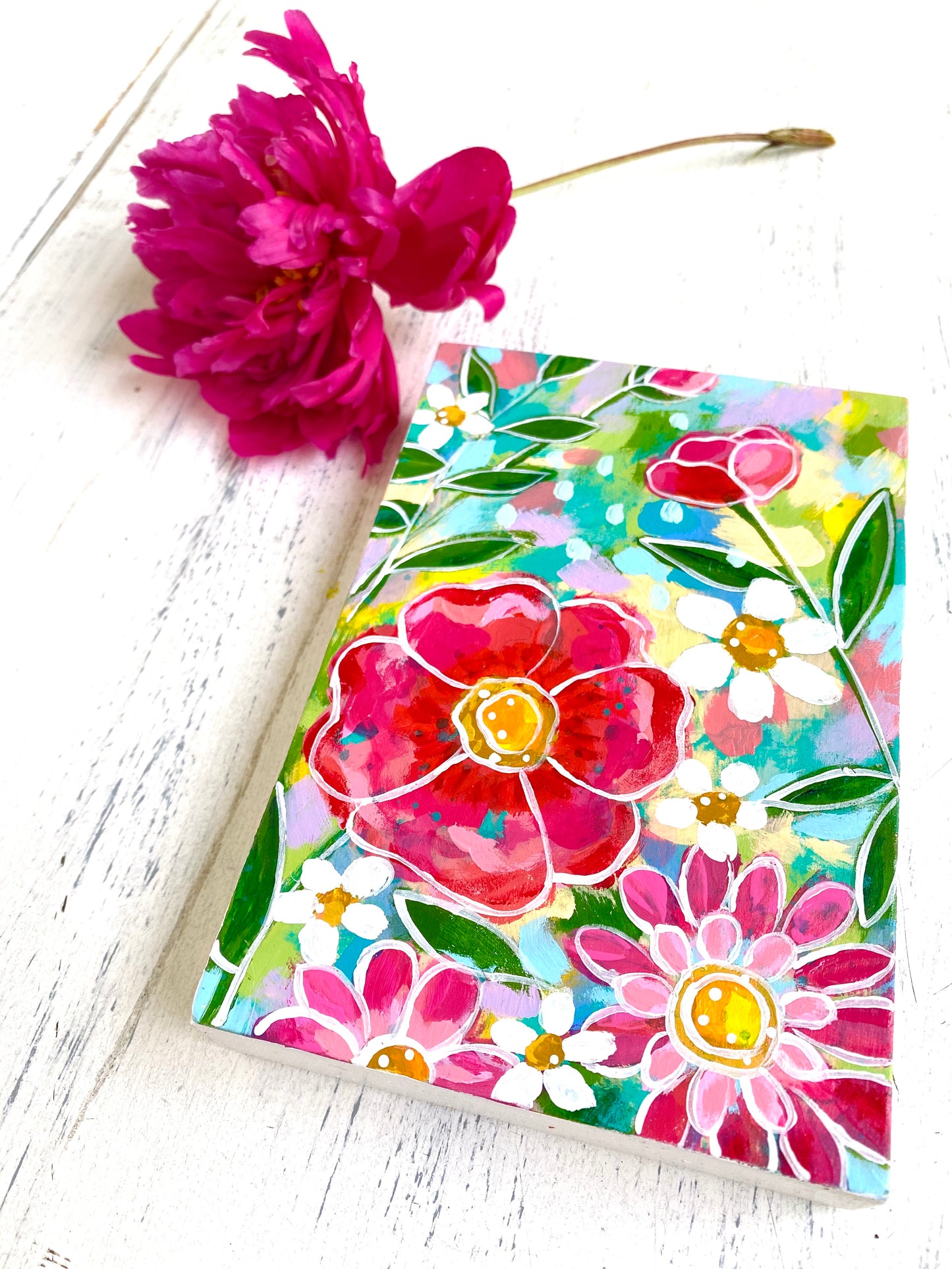 "May Flowers 3" original floral painting on 4x6 inch wood panel