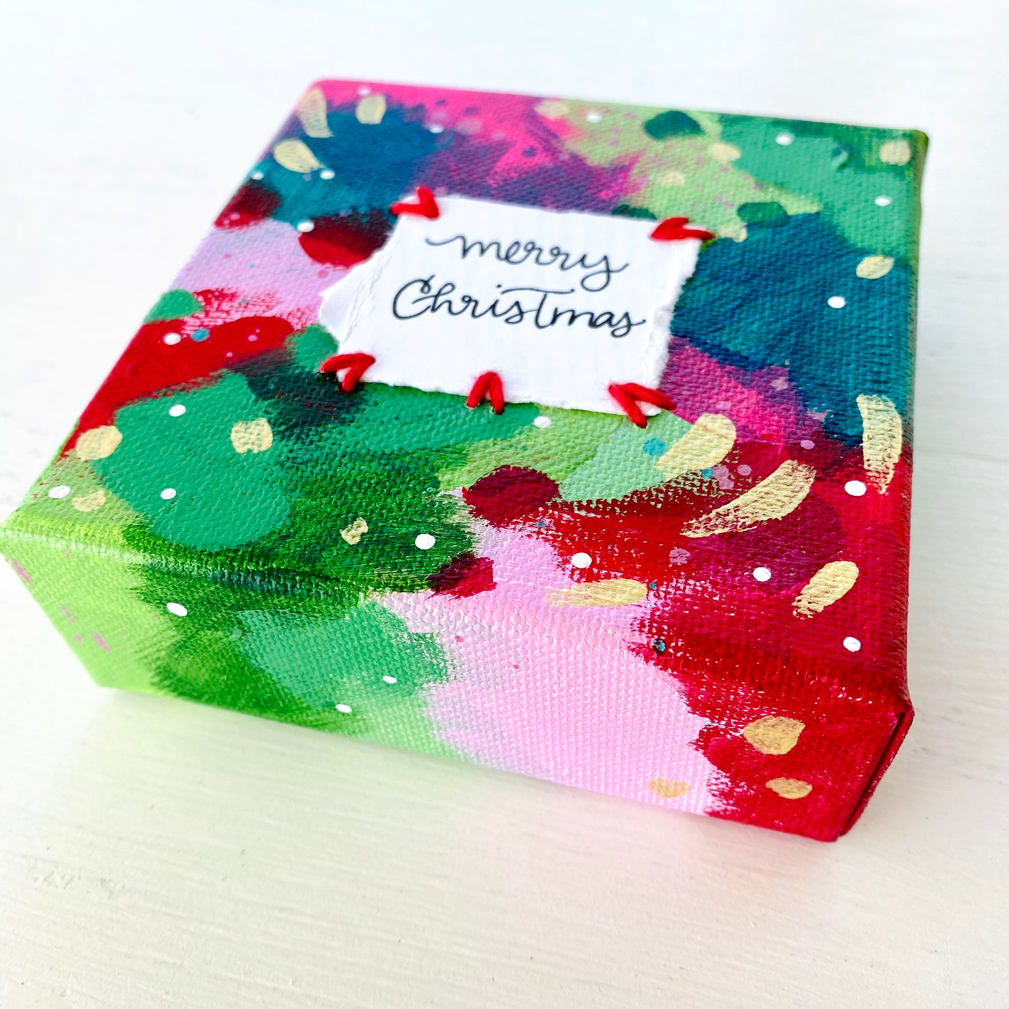 Merry Christmas-2 4x4 inch original abstract canvas with embroidery thread accents