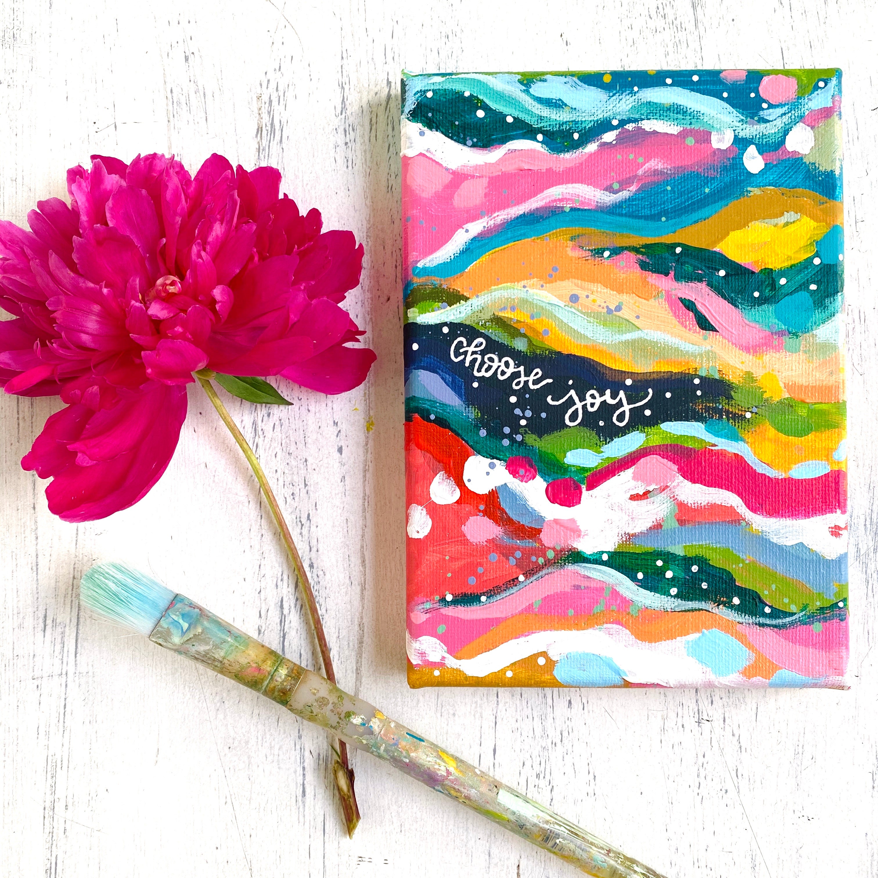 Choose to be Joyful 6x6 inch original abstract canvas with embroidery  thread accents