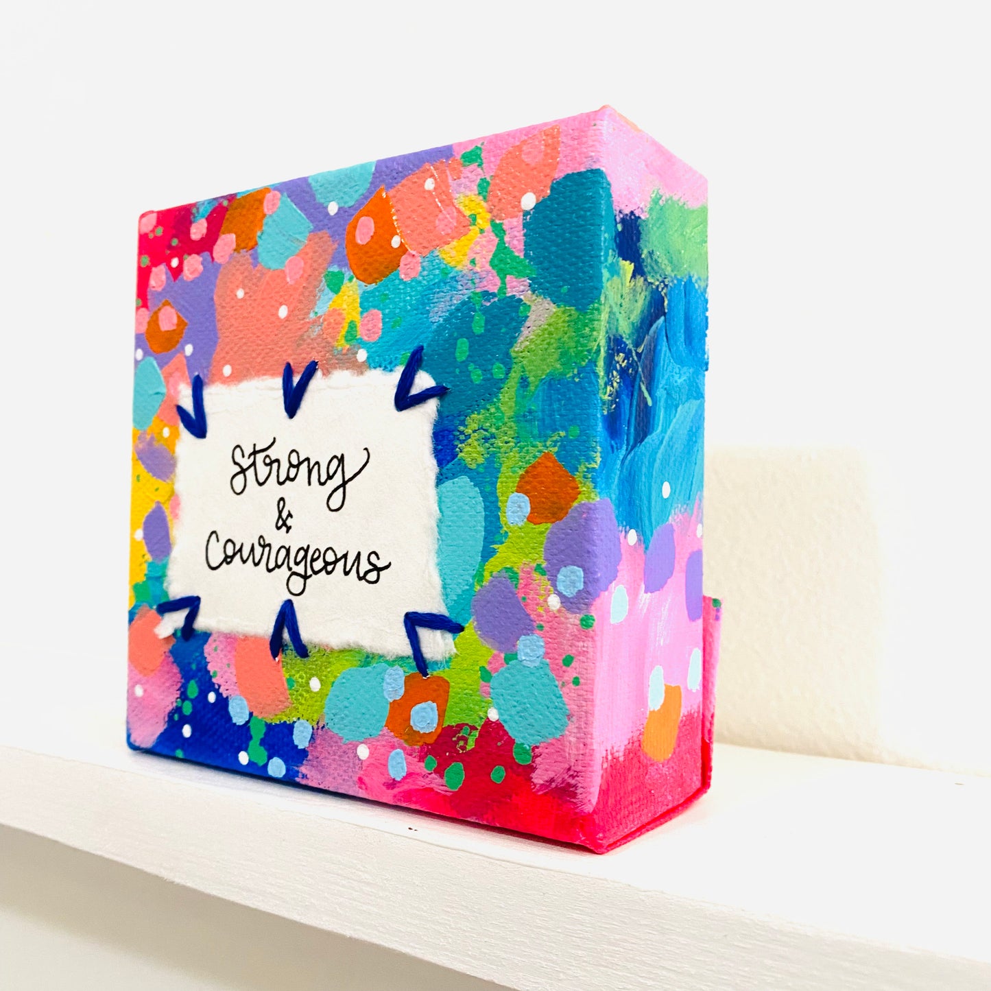 Strong & Courageous 4x4 inch original abstract canvas with embroidery thread accents