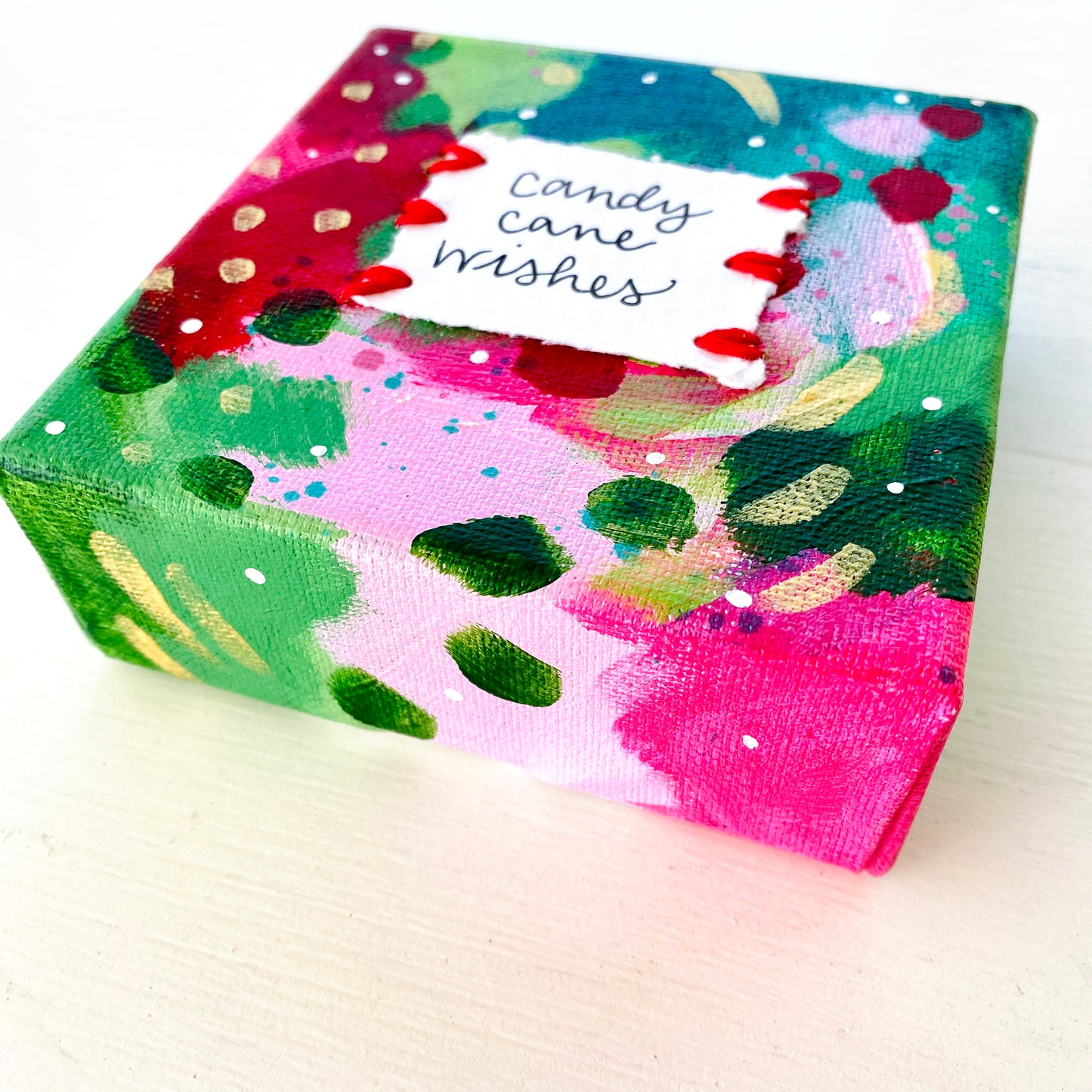 Candy Cane Wishes 4x4 inch original abstract canvas with embroidery thread accents