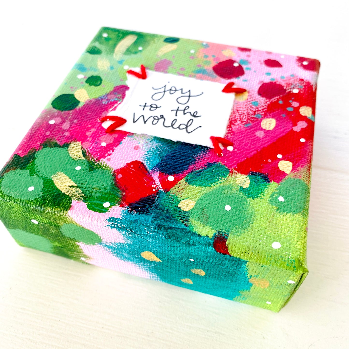Joy to the World-1 4x4 inch original abstract canvas with embroidery thread accents
