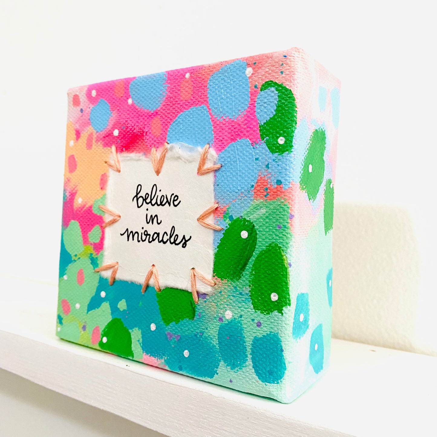 Believe in Miracles 4x4 inch original abstract canvas with embroidery thread accents