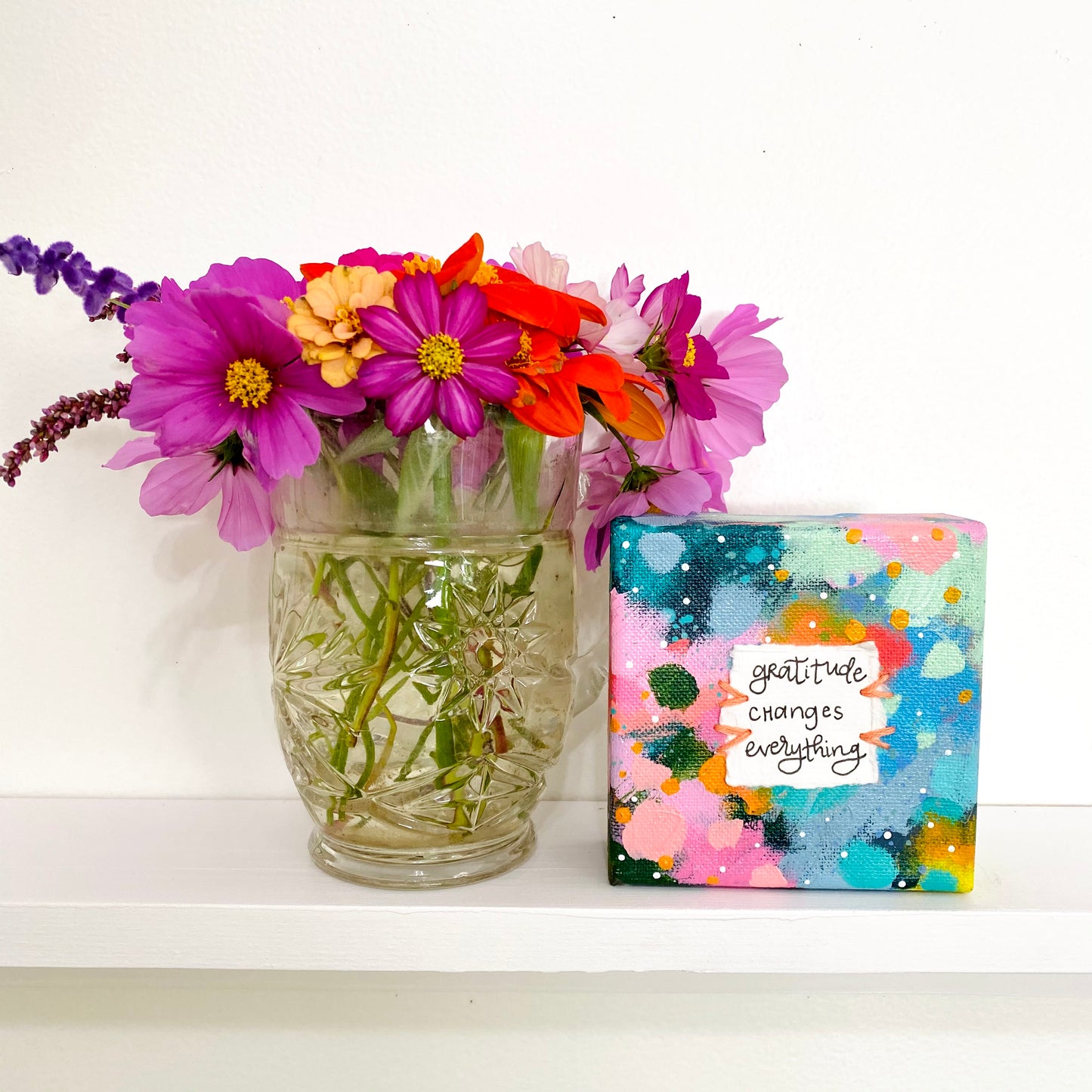 Gratitude Changes Everything 4x4 inch original abstract canvas with embroidery thread accents