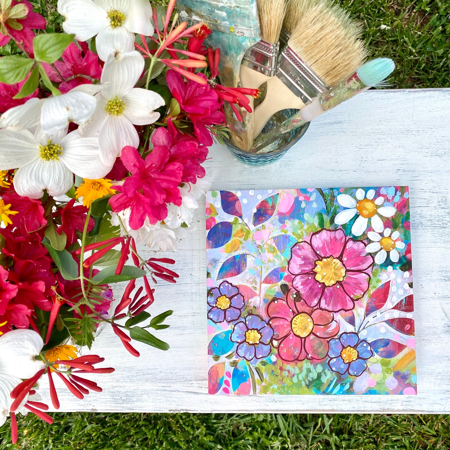"A Joy-Filled Home" Floral Original Painting on 8x8 inch Wood Panel - Bethany Joy Art