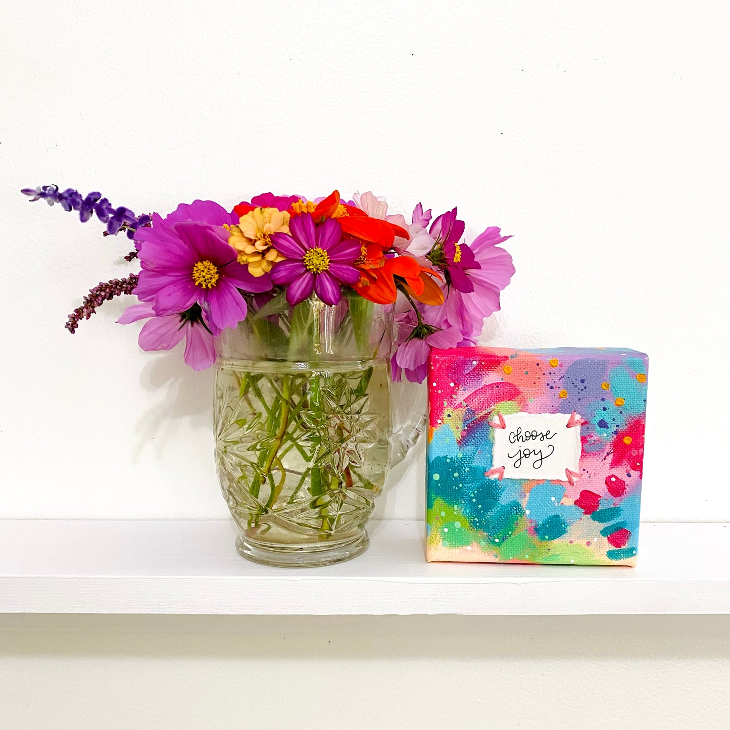 Choose Joy 4x4 inch original abstract canvas with embroidery thread accents