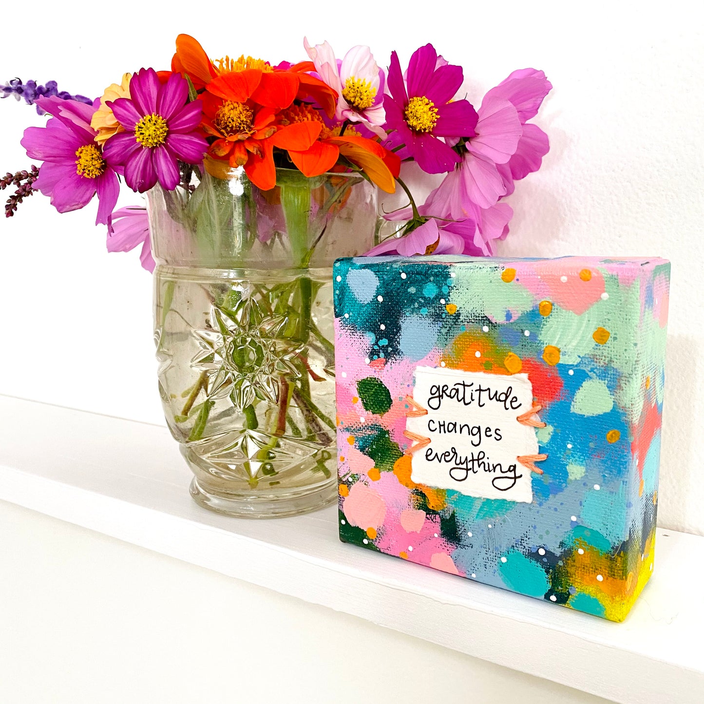 Gratitude Changes Everything 4x4 inch original abstract canvas with embroidery thread accents