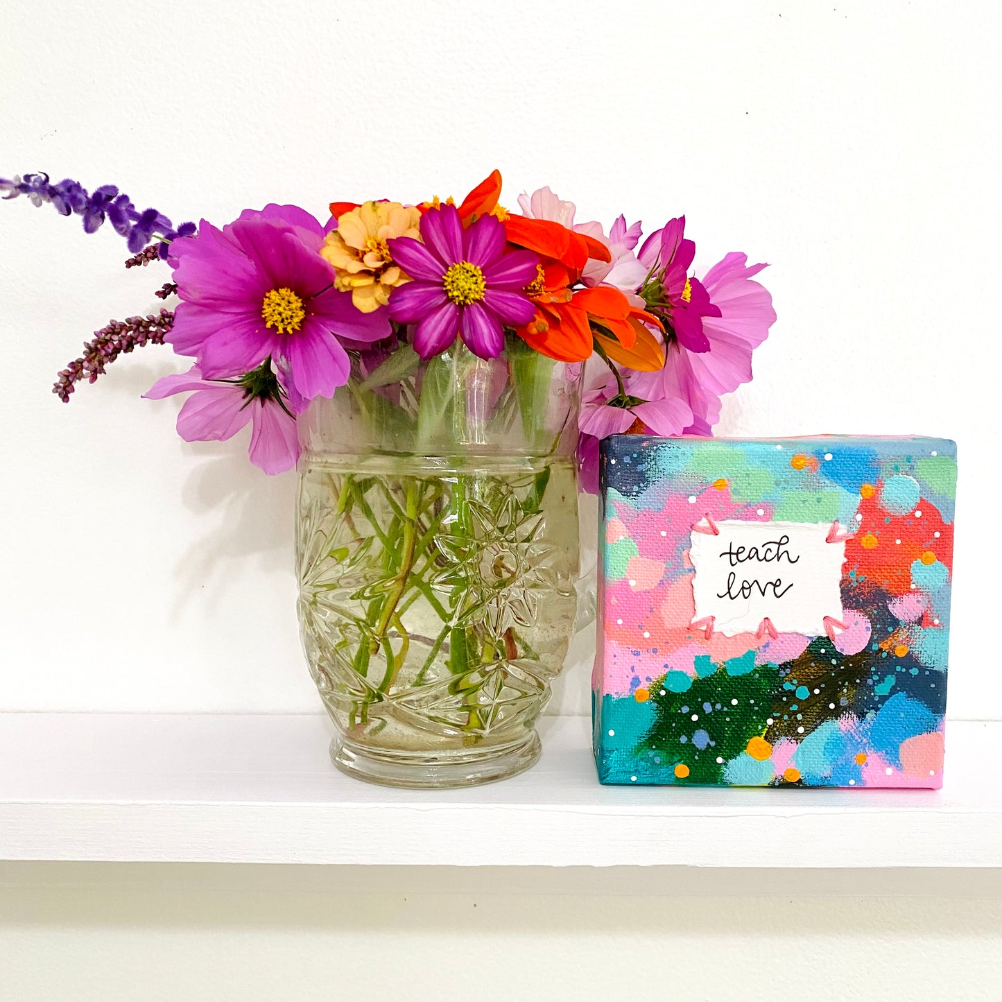 Teach Love 4x4 inch original abstract canvas with embroidery thread accents