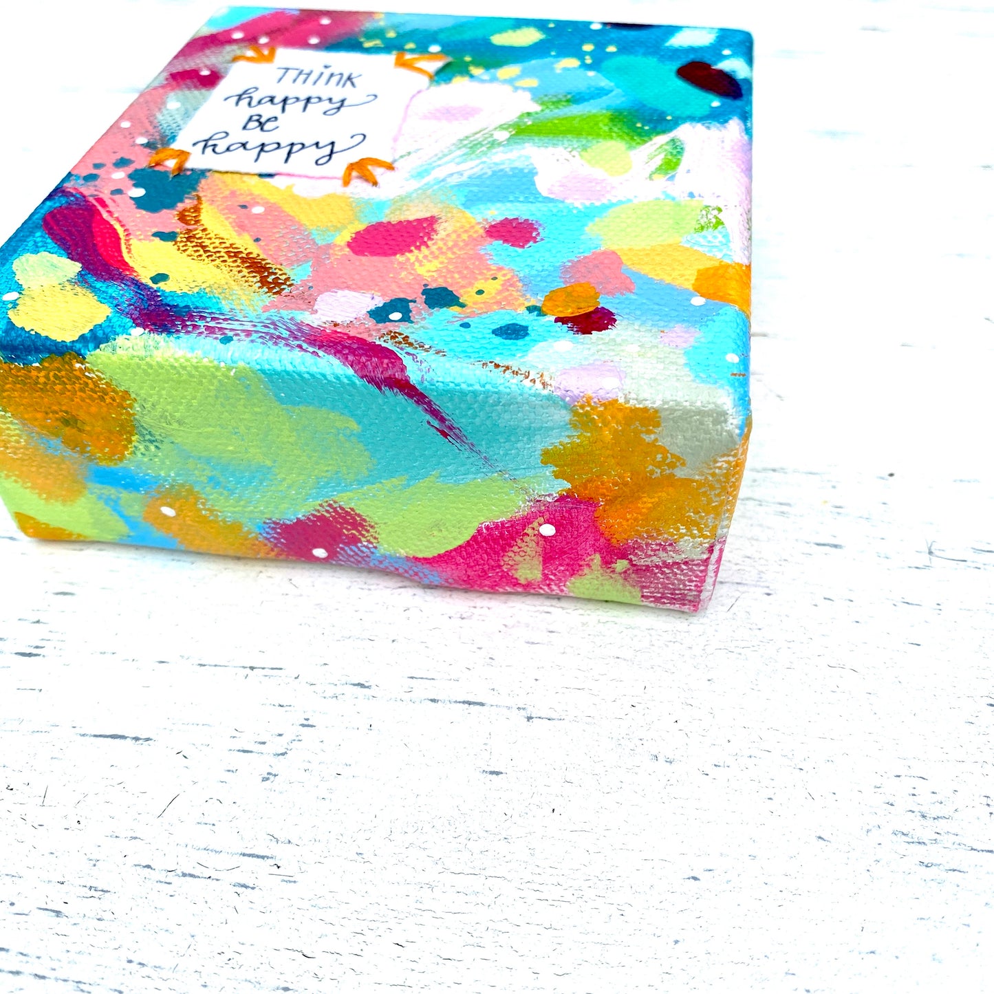 Think Happy Be Happy 4x4 inch original abstract canvas with embroidery thread accents - Bethany Joy Art
