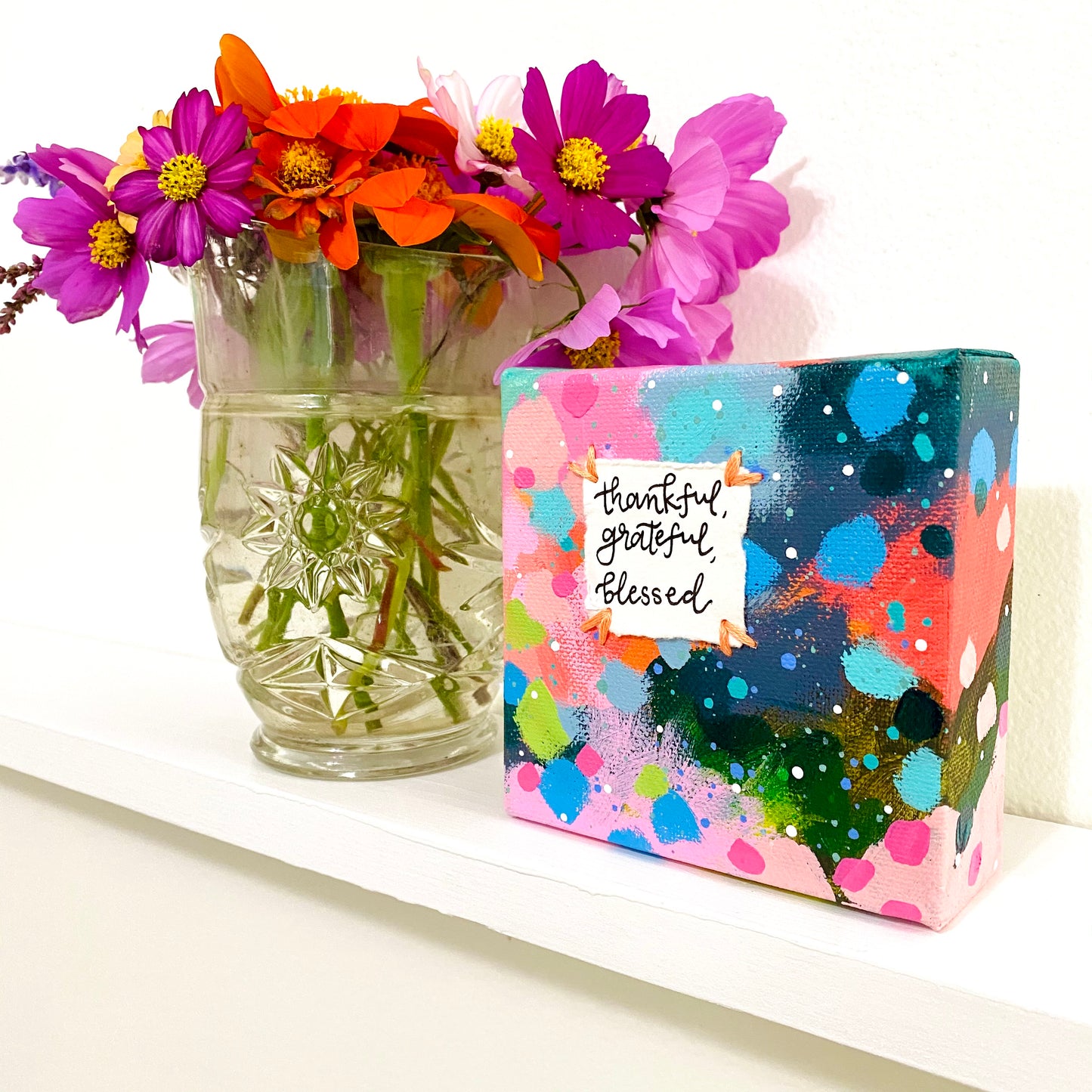 Thankful, Grateful, Blessed 4x4 inch original abstract canvas with embroidery thread accents