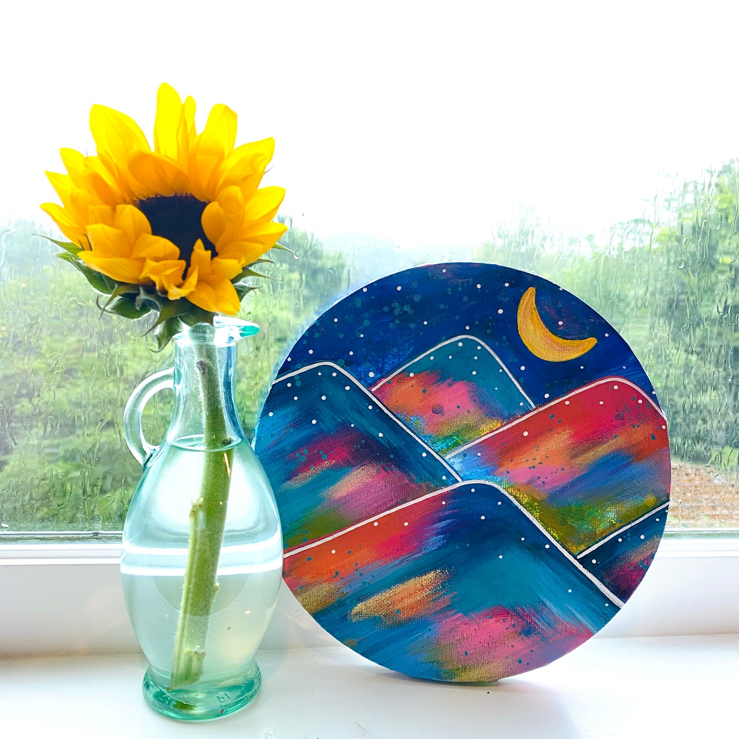 "To the Moon and Back" 8 inch diamater circle Original Mountain Inspired Painting on Canvas with painted sides