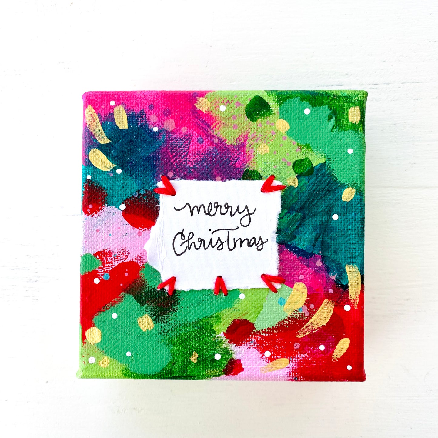 Merry Christmas-2 4x4 inch original abstract canvas with embroidery thread accents