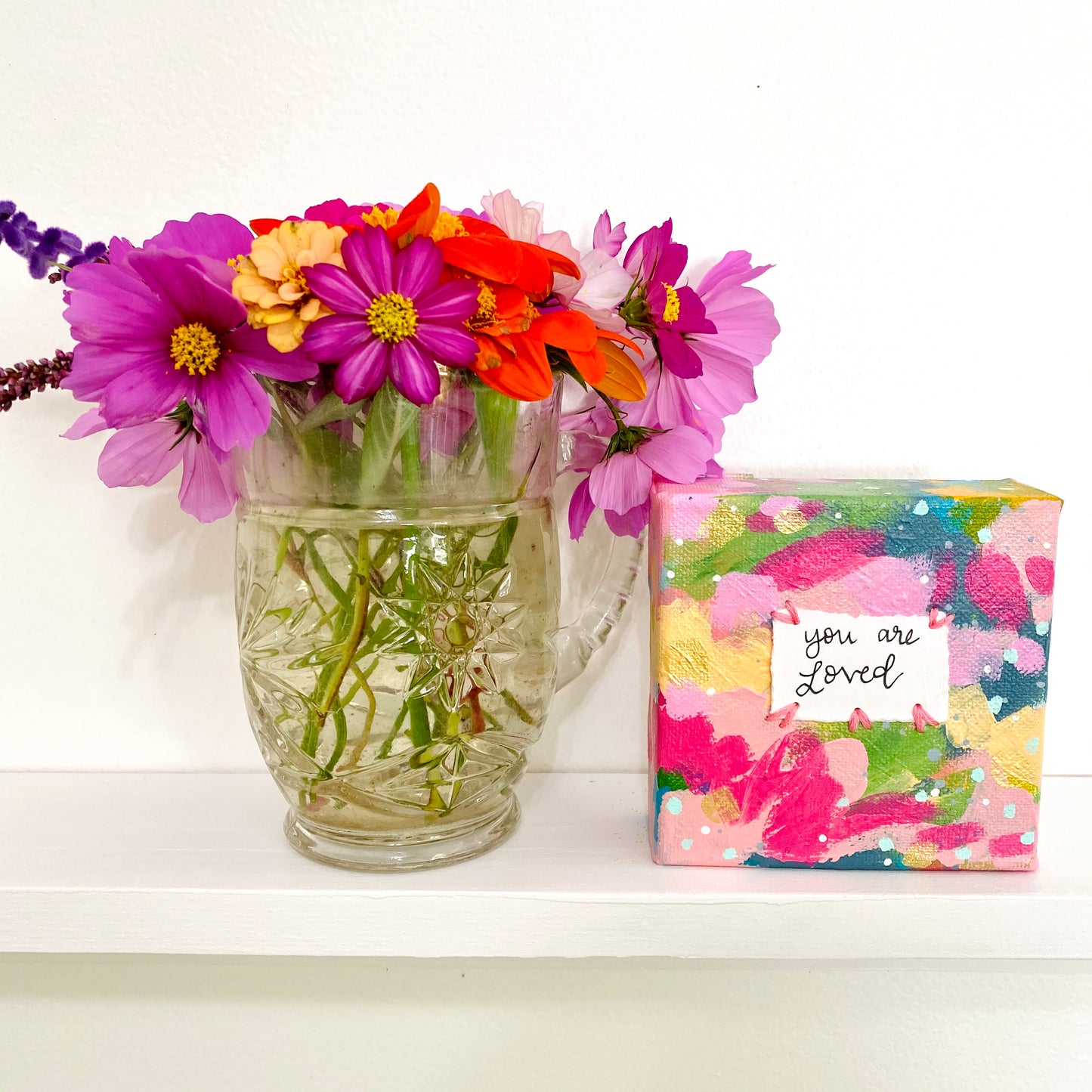 You Are Loved 4x4 inch original abstract canvas with embroidery thread accents
