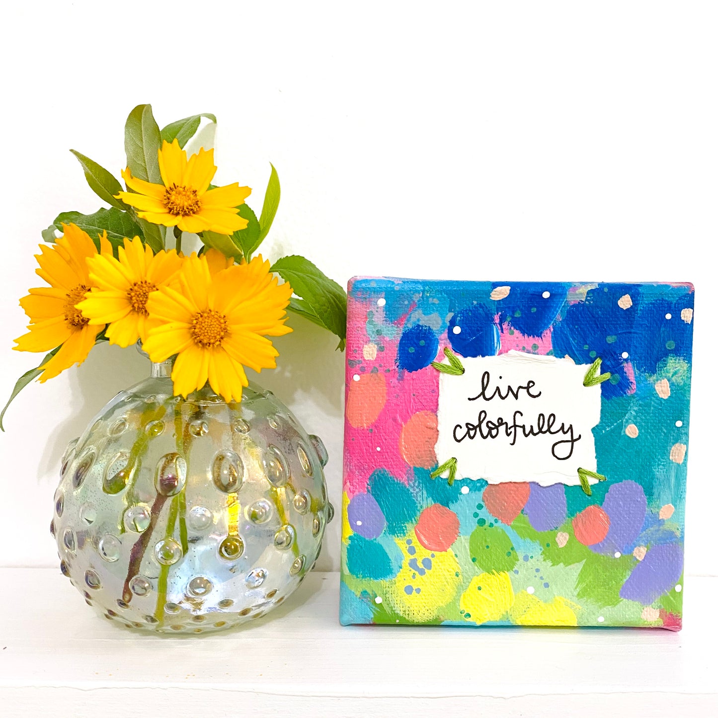 Live Colorfully 4x4 inch original abstract canvas with embroidery thread accents